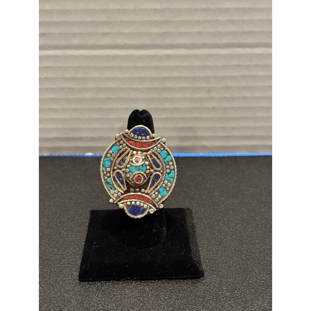 Tibetan Silver Multicolor Turquoise Adjustable‎ Large Ring Bohemian Indie Unique